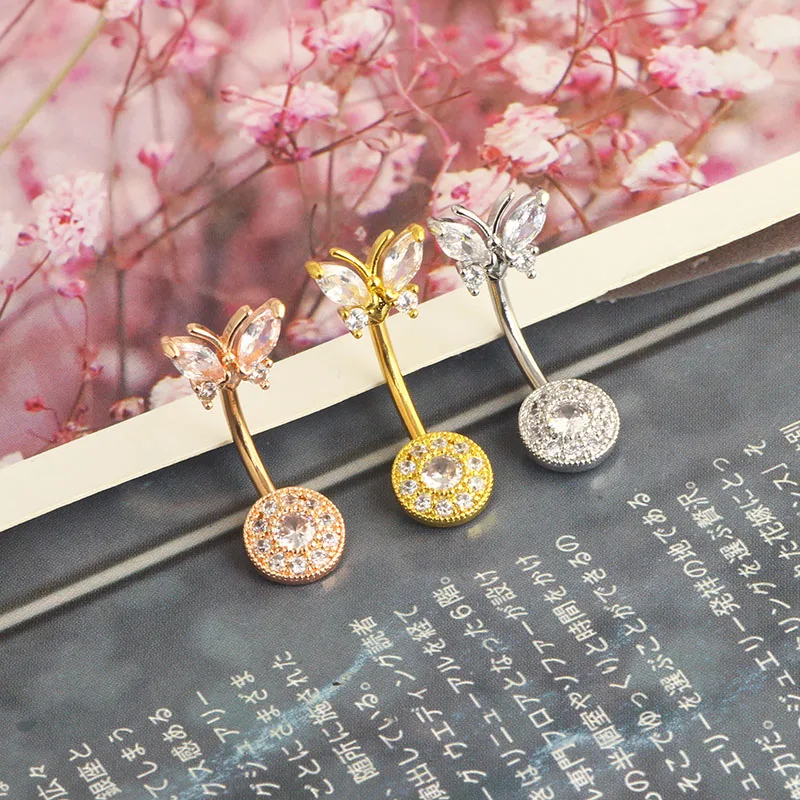 wholesales body piercing belly rings 3 colors butterfly dangle navel bar 14g belly button barbell set women fashion belly jewelr