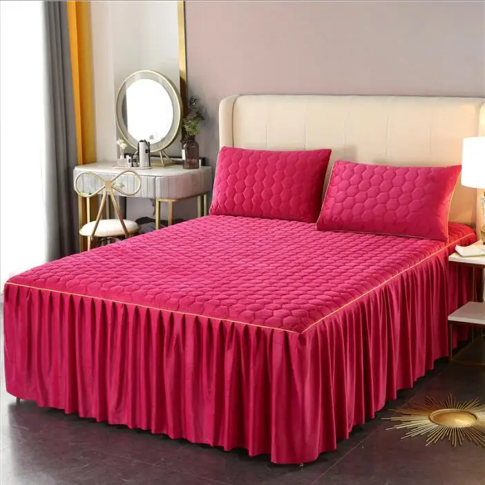 Crystal velvet bed skirt with cotton clip three piece set thickened anti slip bed cover milk velvet warm cover