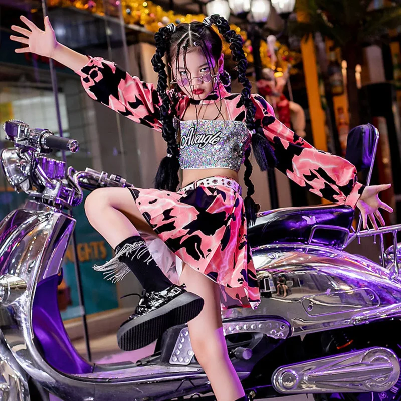 

Джазовые танцевальные сценические костюмы, Современные Блестящие топы, розовая юбка, детская модная одежда для подиума, шоу DQL7862