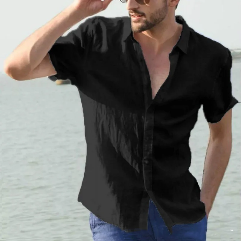 Men's casual solid color thin short sleeve shirt 4