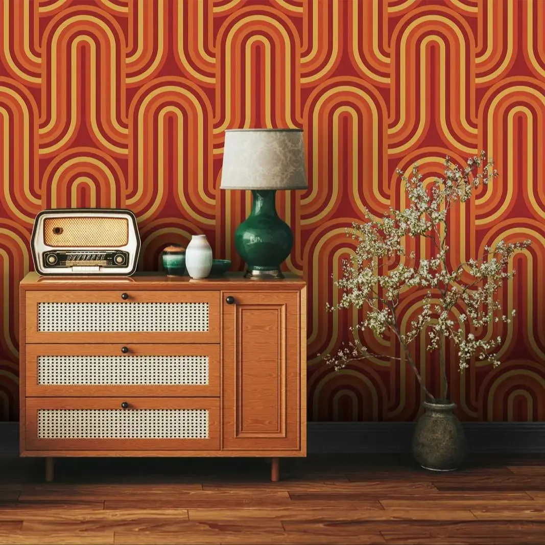 วอลเปเปอร์ลายย้อนยุคยุค 70 แบบลอกออกติดได้, ภาพจิตรกรรมฝาผนังสไตล์วินเทจกลางศตวรรษสำหรับตกแต่งบ้าน, ลายแบบดั้งเดิมหรือแบบมีกาวในตัว 1