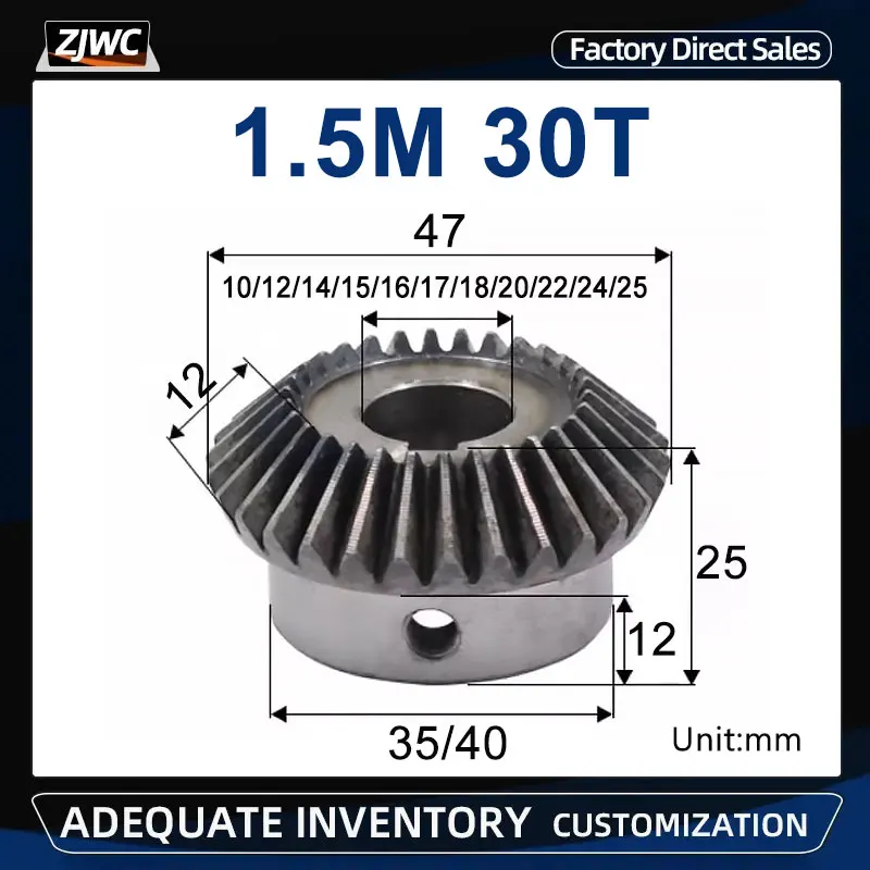 Bevel Gear 1pc 1.5M 30T With Inner Hole 10mm 12/14/15/16/17/18/20/22/24/25mm 90 Degree Drive Commutation Steel Gears With Screw transmission gear