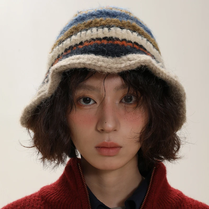 Winter Korean Handmade Crochet Striped Bucket Hat Women Retro Contrast Color Warm Fisherman Hat Girl Fashion Knitted Beanies Hat 1