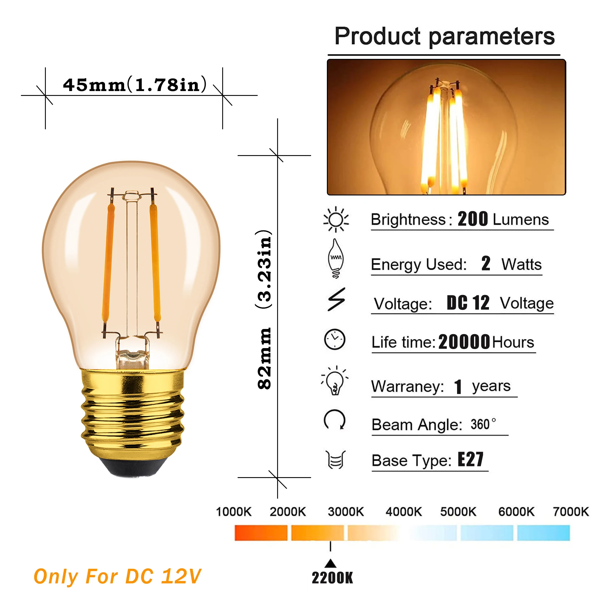 ตัวเลือกสินค้า หลอดไฟ LED Vintage Edison สไตล์ Warm White สำหรับตกแต่ง RV พร้อม E27/E14/12V