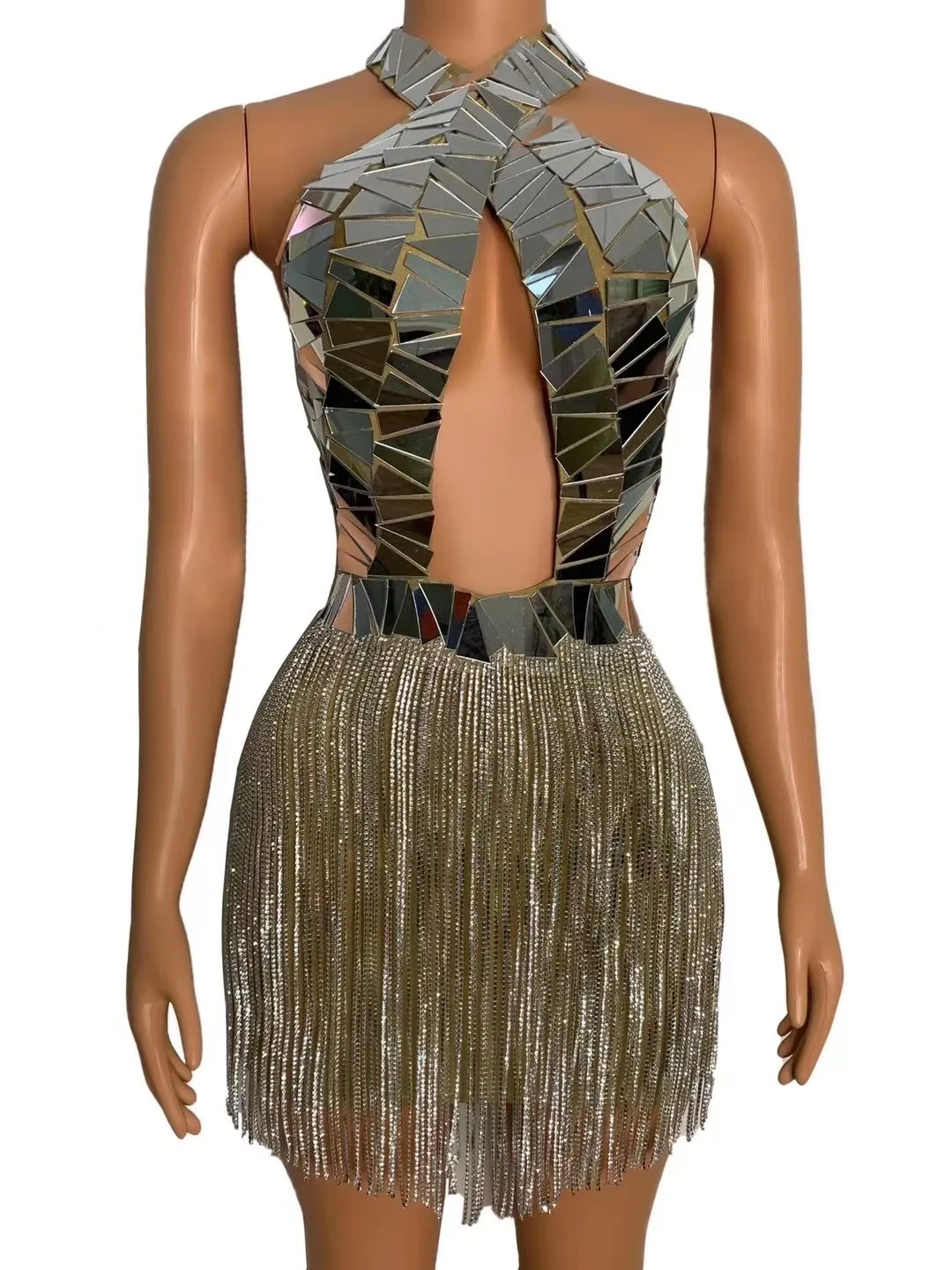 

SparkleSilverMirrorsSequinTasselPartyDressWomenSexyBackless RhinestoneFringesDressNightclubPromDanceStageOutfits