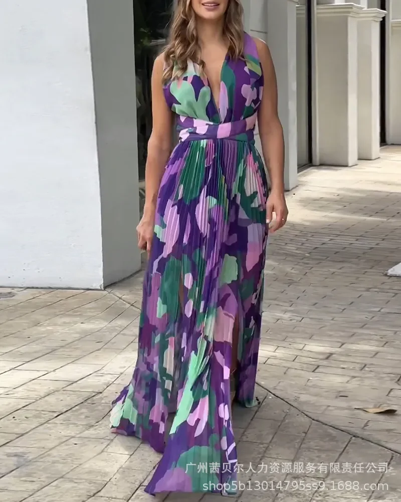 

Women Dresses V Neck Sleeveless Print Floral Dress Backless Pullover Casual Ankle Length Vestidos Autumn Sexy Loose Fit