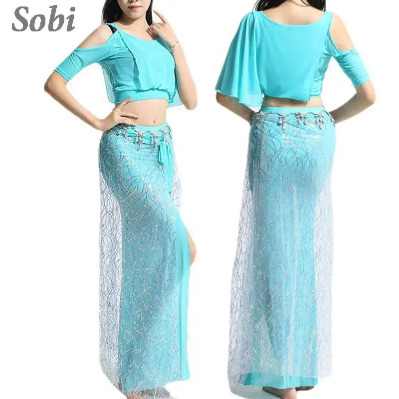 

New Belly Dance Practice Clothing for Female Beginner Off Shoulder Top Shirt Split Long Skirt Set Oriental Dance Practice Outfit