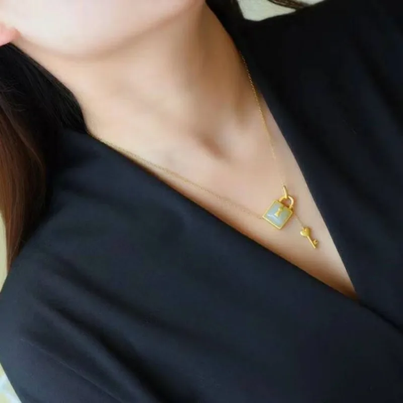 천연 헤티안 옥 사각 잠금 펜던트 목걸이, 중국 스타일, 레트로 독특한 금 공예 매력, 여성용 실버 쥬얼리