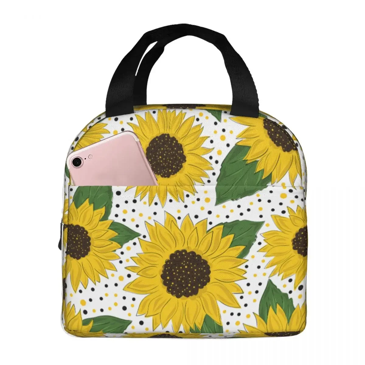 

Lunch Bag for Men Women Dot Sunflower Thermal Cooler Waterproof Picnic Canvas Tote Food Storage Bags