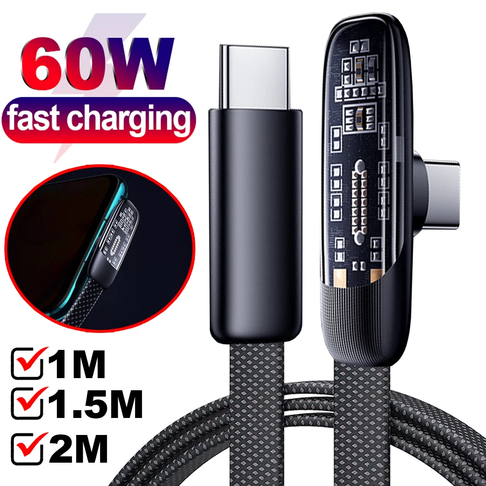 High-Speed Right Angle USB-C Charging Cable - 60W Flat Nylon Braided
