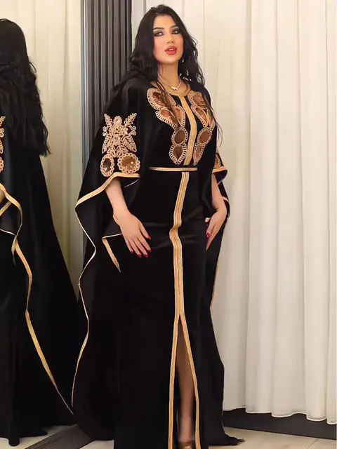 Robe longue marocaine à manches chauve-souris pour le Ramadan, mode musulmane de luxe, robe arabe du Moyen-Orient, paillettes dorées, velours, Turkiye Dubaï 1