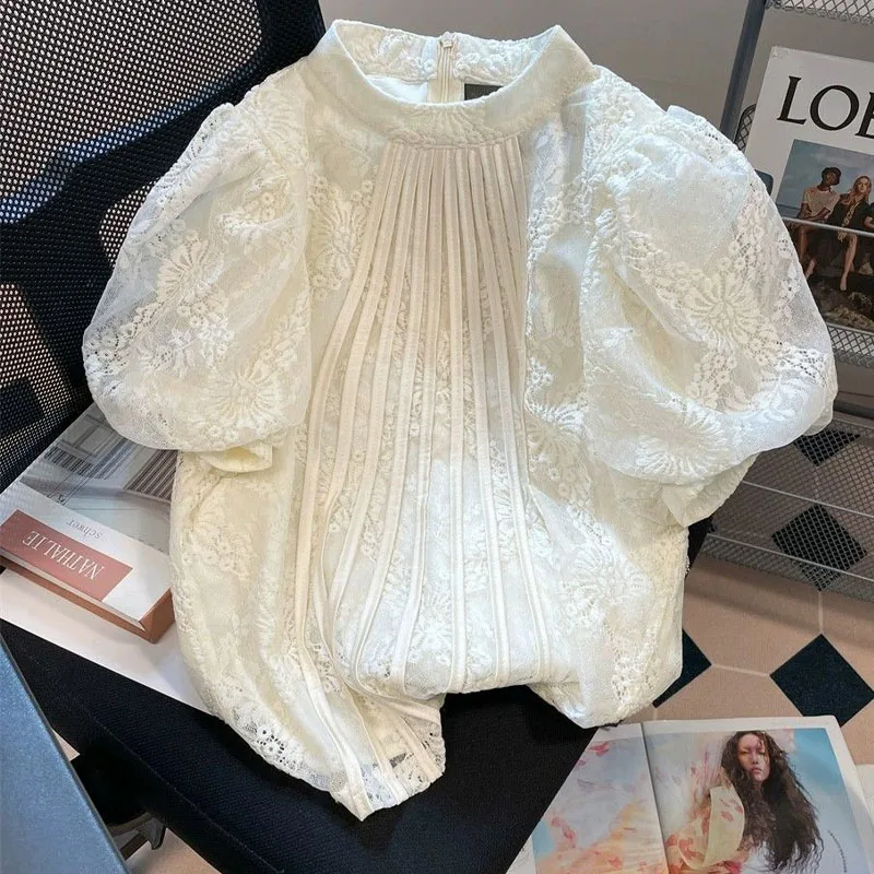 

Korean All-match Women's Solid Lace Spliced Shirt Simplicity Fashion Puff Sleeve Stand Collar Blouse Summer Female Clothing