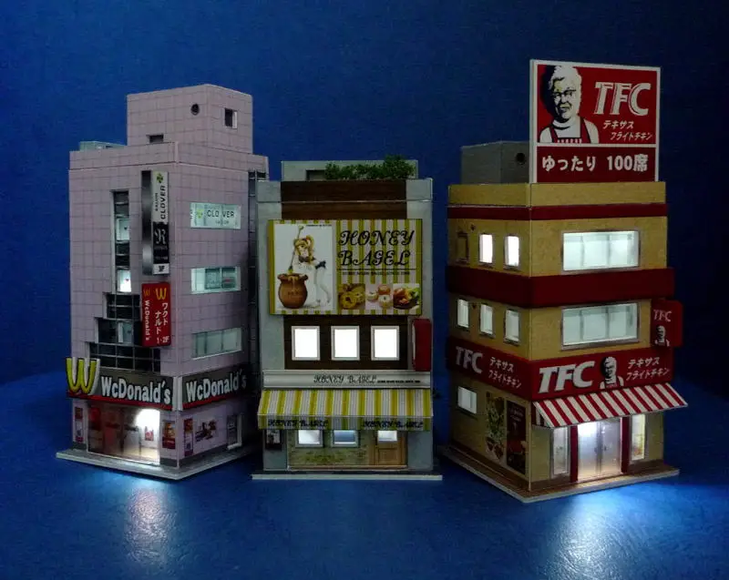 1:150 N-Scale Japanese Building Diorama 3D Paper Model Scene DIY Handmade Ornaments 3 restaurant buildings