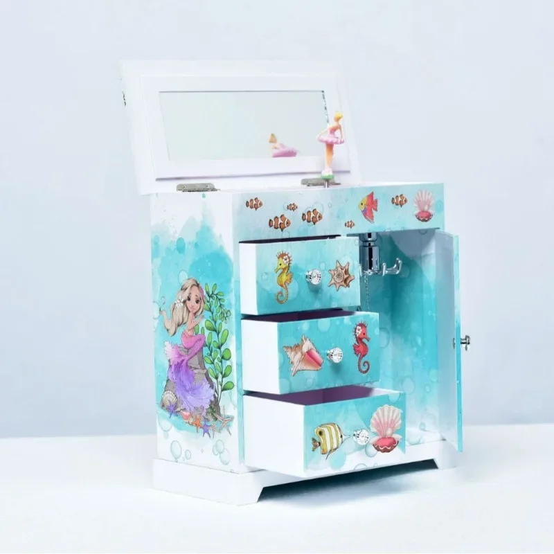 Large Ocean World Mermaid Music Box Drawer Jewelry Storage with Makeup Mirror Christmas Children's Day Valentine's Day Gift 5