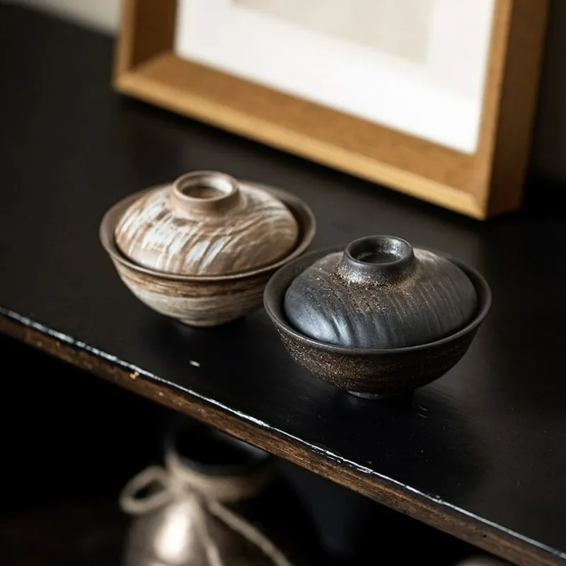 Coarse Pottery Zen Two Layer Gaiwan Japanese Pink Slip Retro Ceramic Tea Bowl Home Kung Fu Tea Set Respect Tea Ceremony Cup