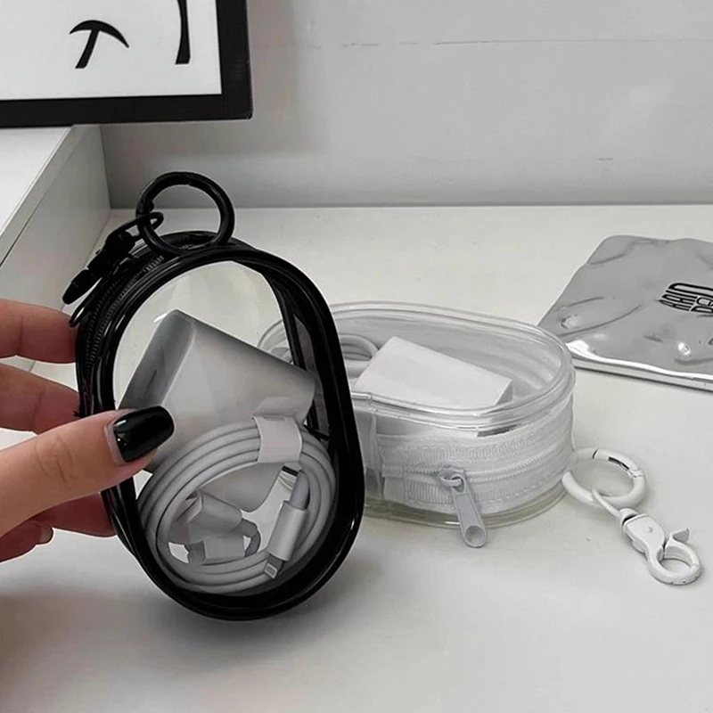 Black White Oval PVC Transparent Cosmetic Bag Organizer Doll Display Bag Portable Earphone Coin Data Cable Charger Storage Pouch storage bag