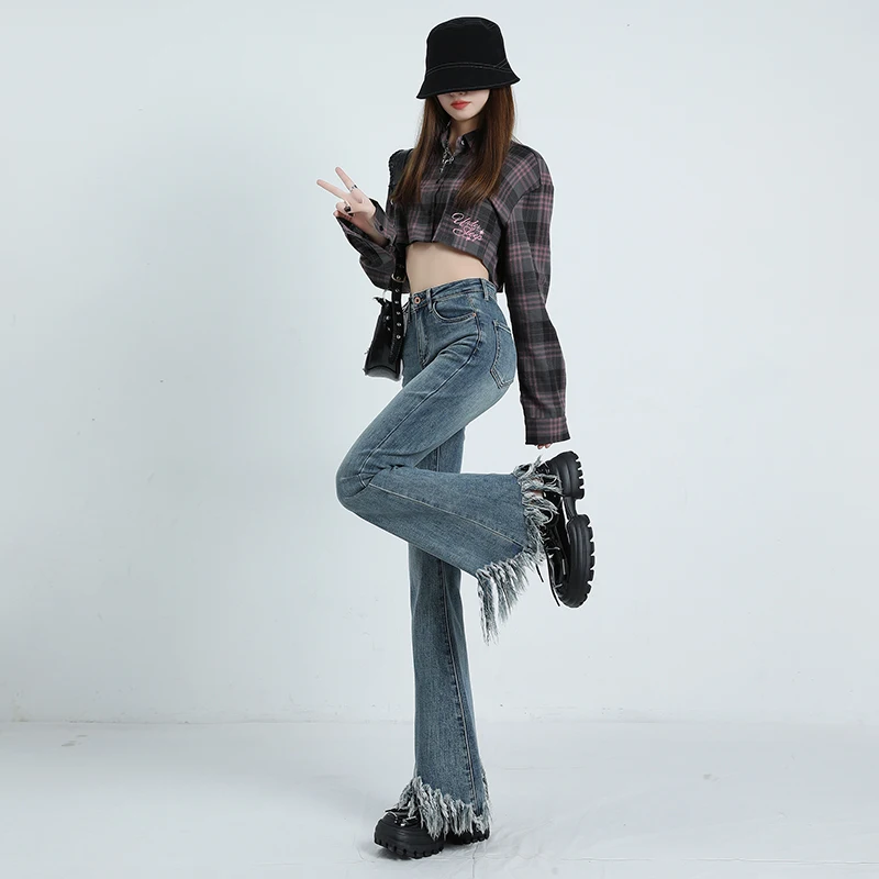 

2023 Популярные расклешенные брюки с высокой талией и бахромой женские весенние Новые Черные Облегающие расклешенные джинсовые брюки с высокой талией