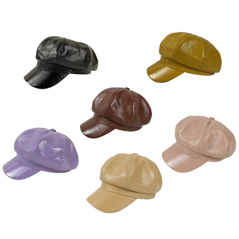 

Korean Women Autumn Vintage Faux Leather Shiny Solid Color 8 Panels Painter Leisure Octagonal Cabbie Hat