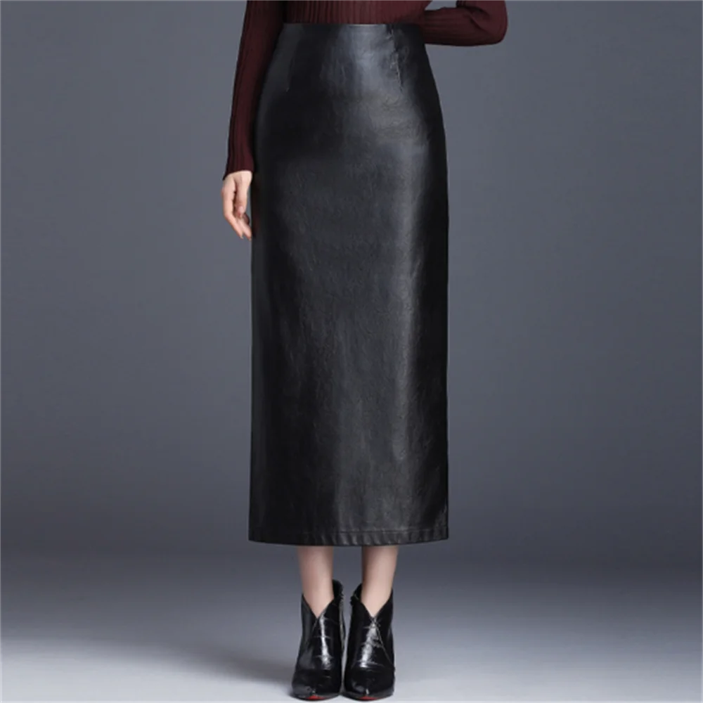 

Женская длинная юбка-карандаш из ПУ кожи с высокой талией