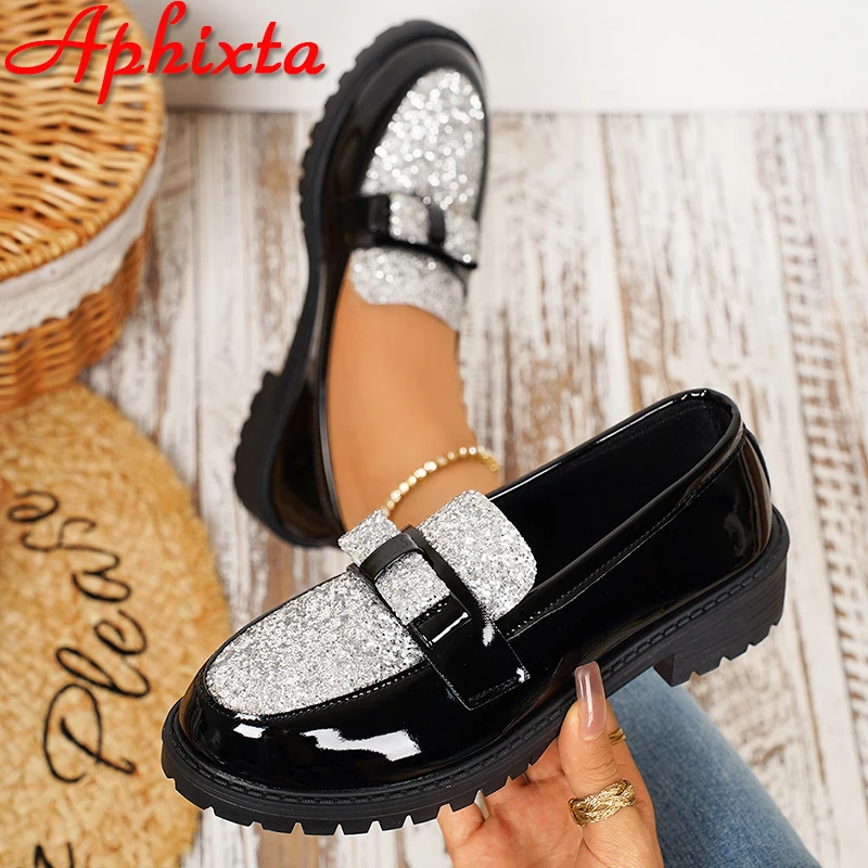 Aphixta Patchwork Bling Silvery Flat With Woman 3.5cm Heel Shoes Sewing Design Slip on Ladies Shoes Black Round Toe Casual Shoes