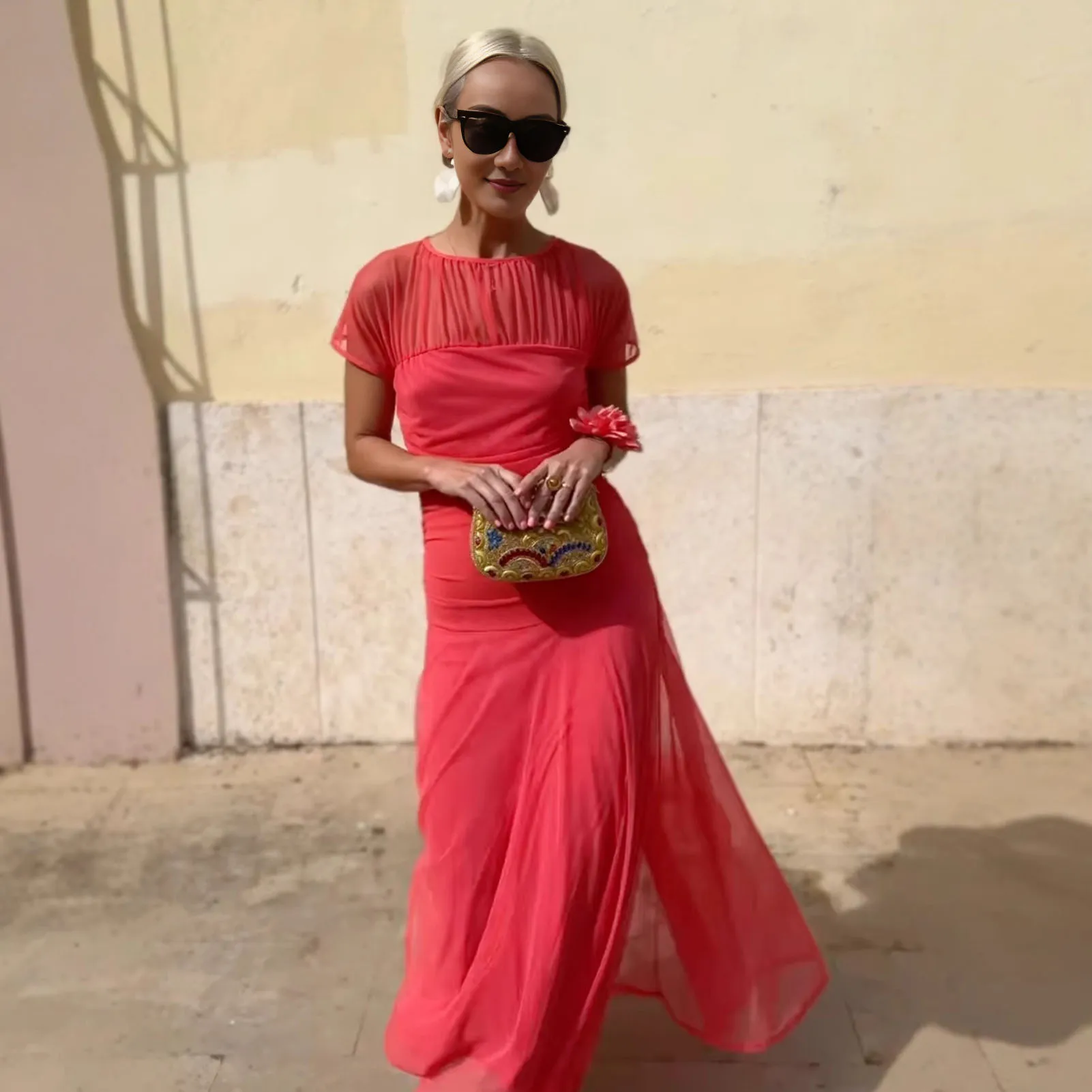 Long Dress Chic Sheer Mesh Party Dress for Women Elegant Pleated O Neck  Long Dress with Waist-cinching Detail Slim Fit Evening - AliExpress  200000345