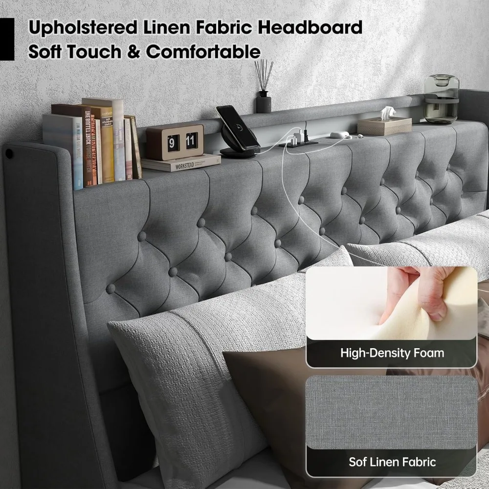 Queen Bed Frame with 2 Storage Drawers and Luxury Wingback Upholstered Button Tufted Storage Headboard Charging Station 6
