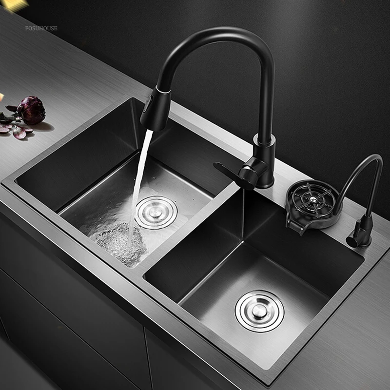 German Double-slot Kitchen Sink for Balcony Black Stainless Steel Large Capacity Sinks Creative Kitchen Sinks for Bar Counter