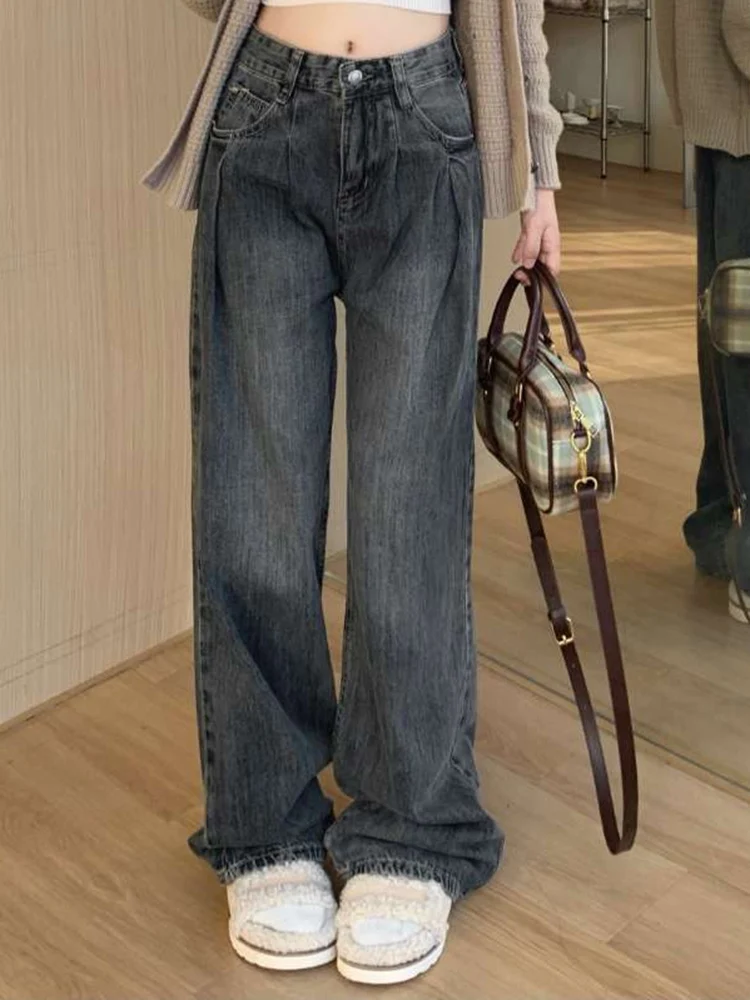 

Woman Fashion Washed Loose Baggy 90s Slacks Jeans Spicy Girls High Waist Nostalgia Blue High Street Stacked Basics Flare Pants