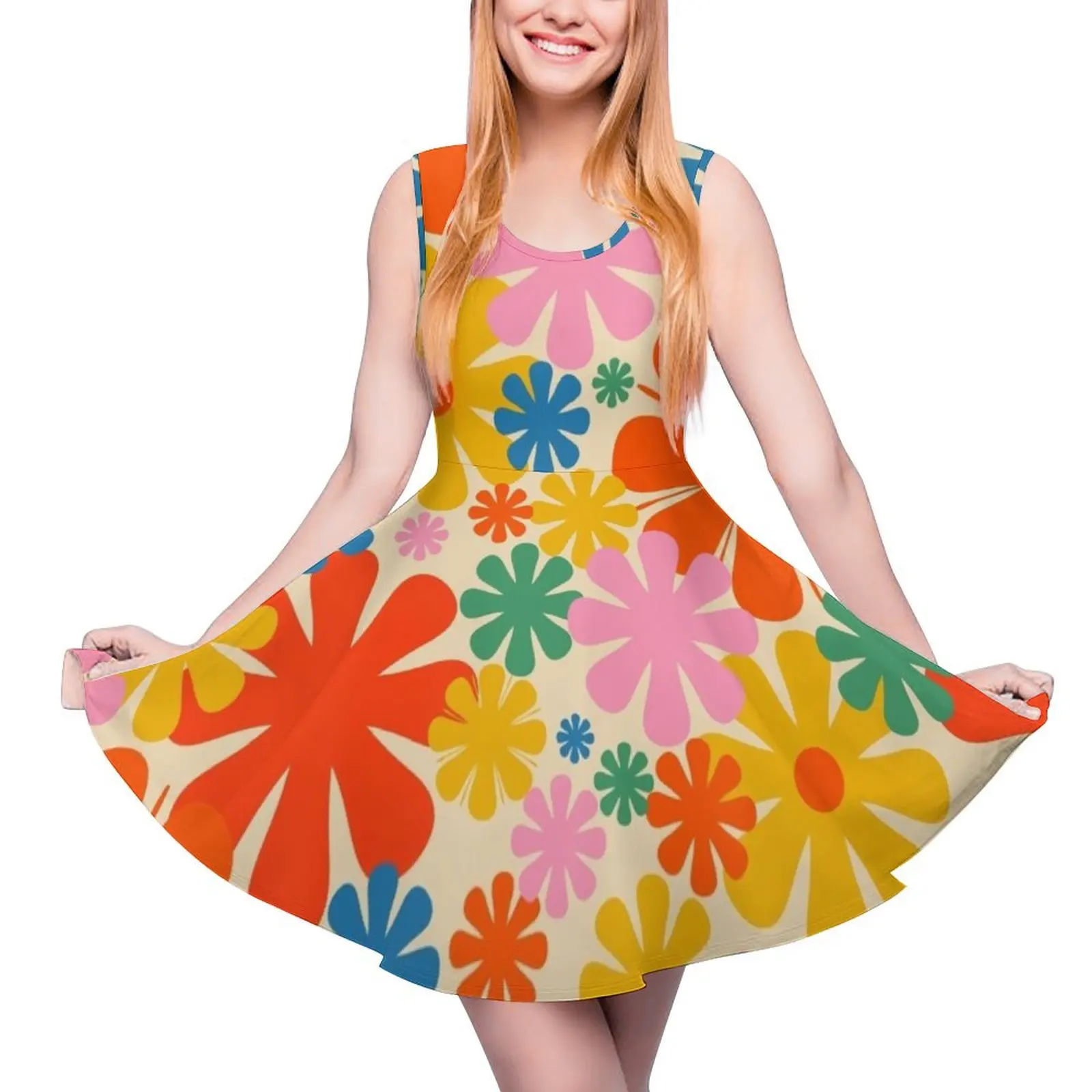 Retro 60s 70s Aesthetic Floral Pattern in Rainbow Pop Colours Sleeveless Dress Summer womens clothing