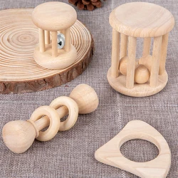 4 Pieces Wooden Baby Rattle Toy Montessori Teething Ring Log Geometric Grab Toy Natural Wood Rattle Set for Infants and Toddlers