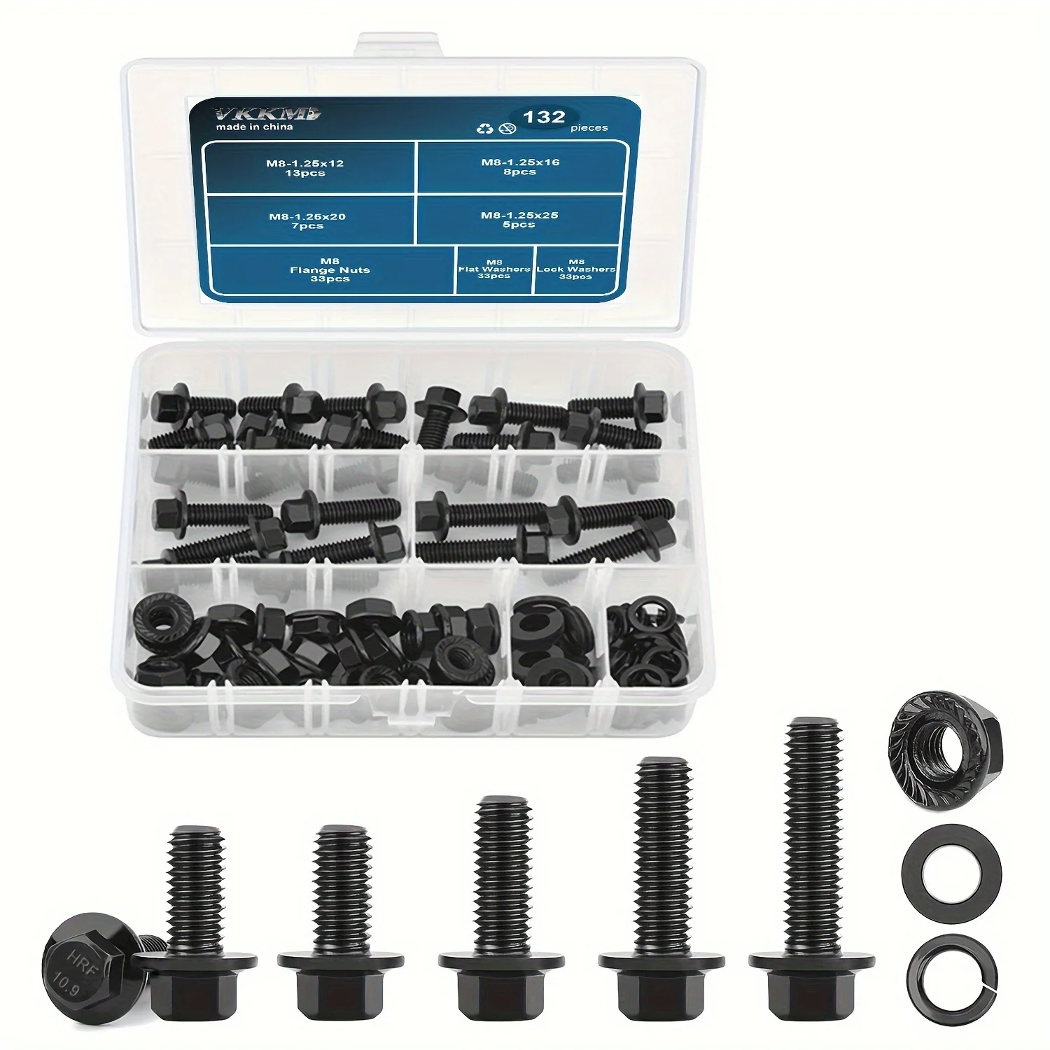 VKKM 132 pcs M8 Hex Cap Flange Bolt Assortment Kit/Screws, Nuts & Washers/Black Oxide, M8-1.25 x 12/16/20/25mm