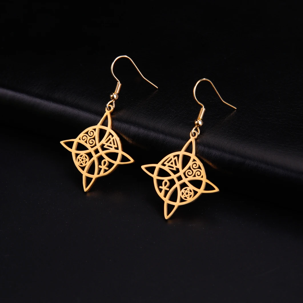 Skyrim Witch Knot Drop Earrings Stainless Steel Valknut Triskelion Ankh Cross Pentacle Amulet Jewelry Birthday Gift