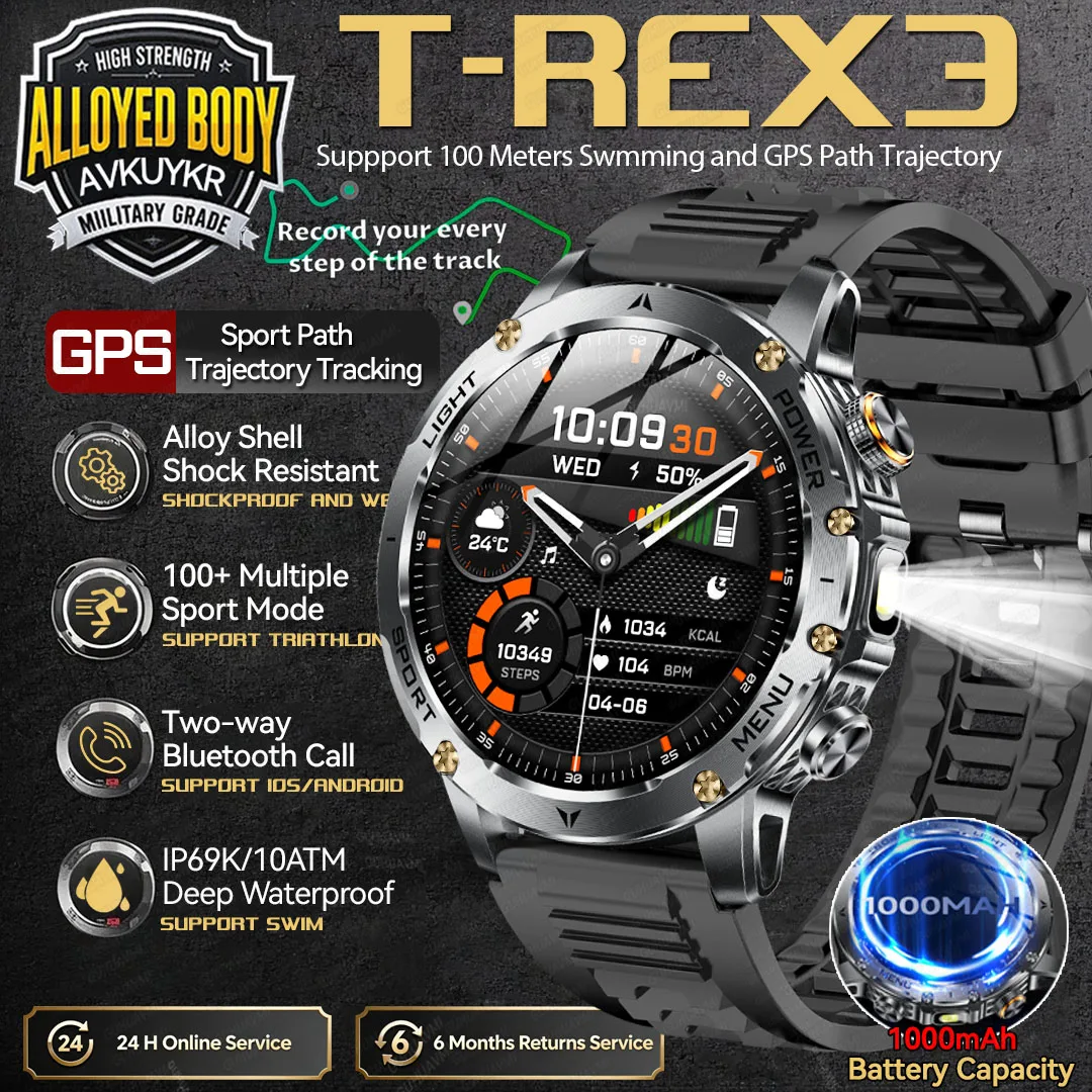 2025 T-REX3 1000mAh Large Battery Durable Adult Smart Watch GPS Strong Flashlight 10ATM Waterproof BT Call Sports Smartwatch Men
