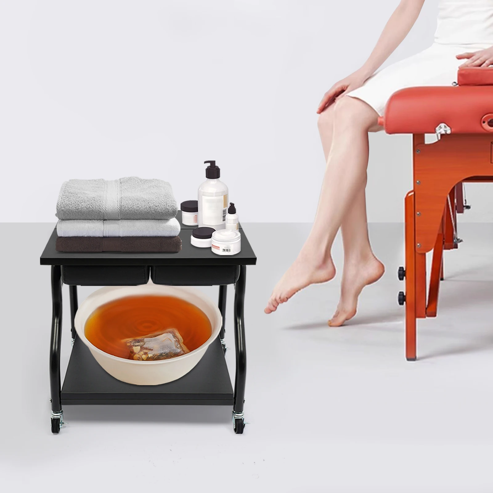 Foot Spa Bench Foldable 2-Tier Pedicure Station with Wheels & Brakes for Salon Foot Bath Massage Manicure