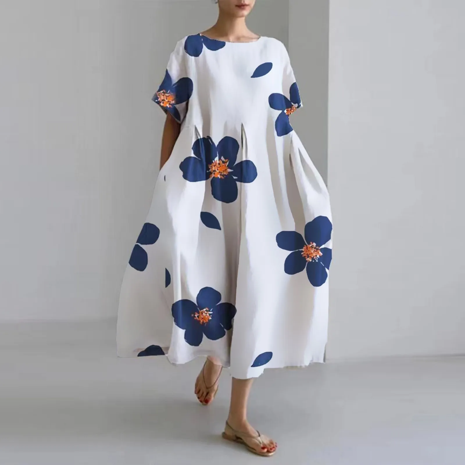 

Fashion Female Short Sleeve Big Swing Loose Maxi Dress Retro Women Floral Printing Pocket Dress O Neck Party Dress Elegant Robe