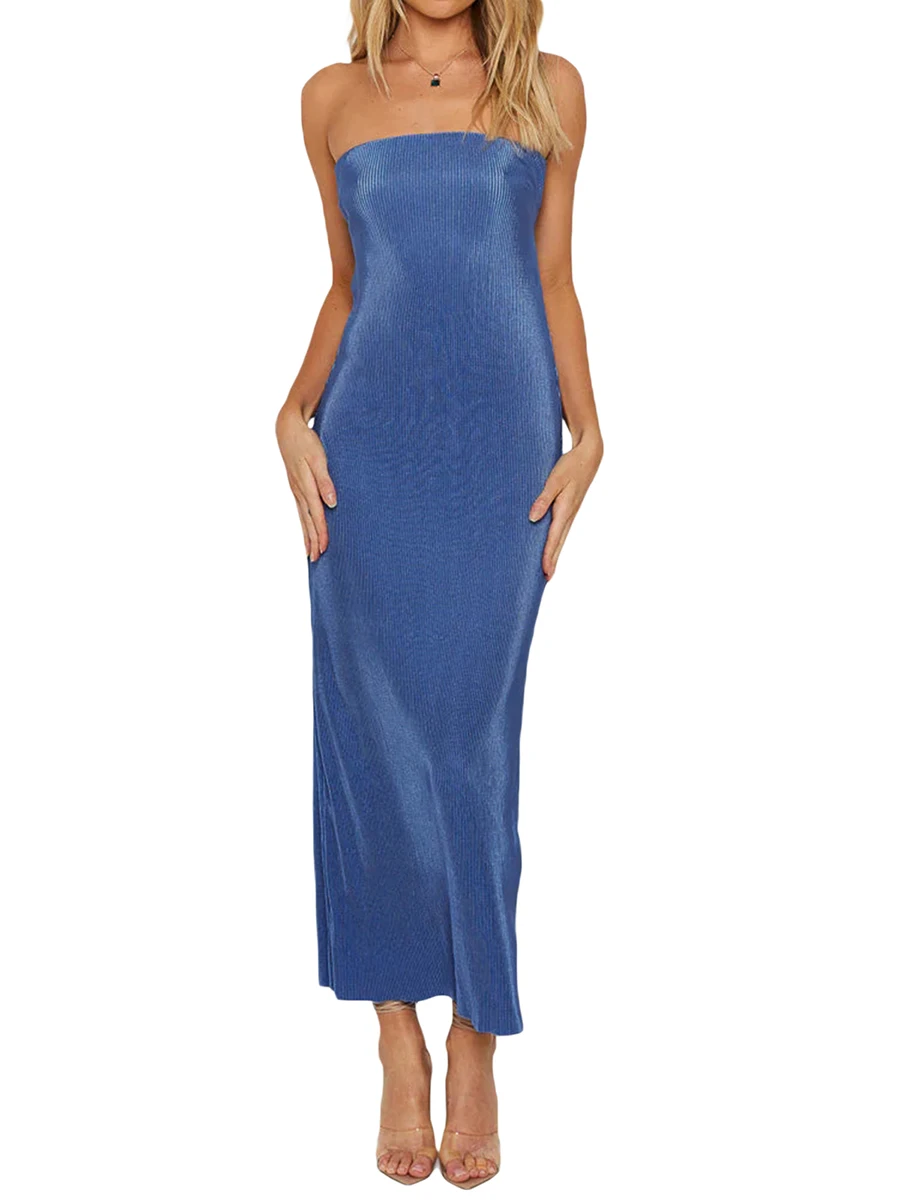 

Women Sexy Bandeau Dress Strapless Plain Color Backless Straps Tie Dress Ladies Summer Slim Long Party Club Outfits