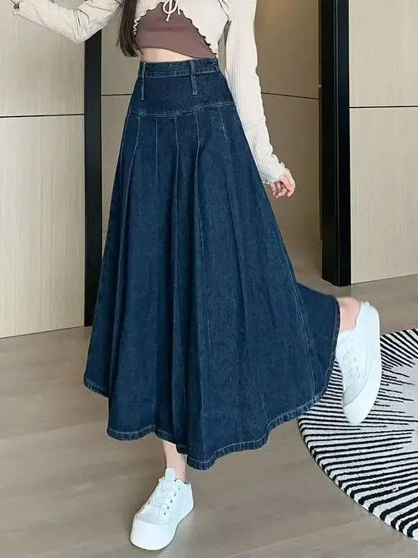Pleated Jeans Skirts High Waist Chic 2024 Spring Autumn Long Washing Ladies Straight Women  Loose Denim Midi Skirts