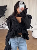 Chemisier chic uni à volants et cordon de serrage pour femme, col rond, simple boutonnage, manches longues évasées, collection Printemps-Été 2026 2