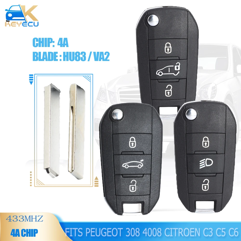 

KEYECU 2PCS for Peugeot 308 4008 for Citroen Aircross C3 C5 C6 Flip Remote Key Fob 3 Button HU83/VA2 Blade 433MHz 4A Chip