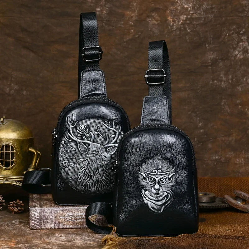 Genuine Leather Men's Crossbody Chest Bag with Double Zippers, Fashionable and Versatile Phone Bag