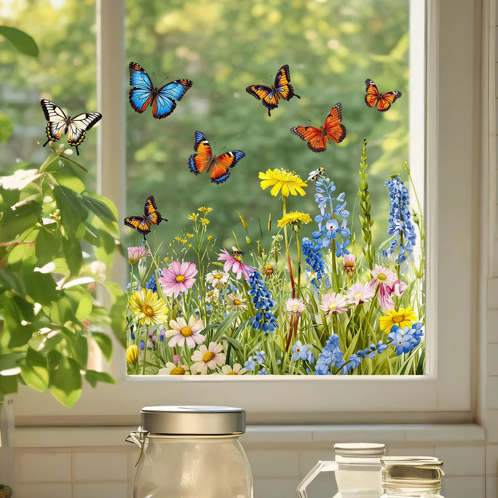 Butterflys Flowers Plants Printed Window Decorative Stickers Self-Adhesive Living Dining Room Bedroom Kitchen Glass