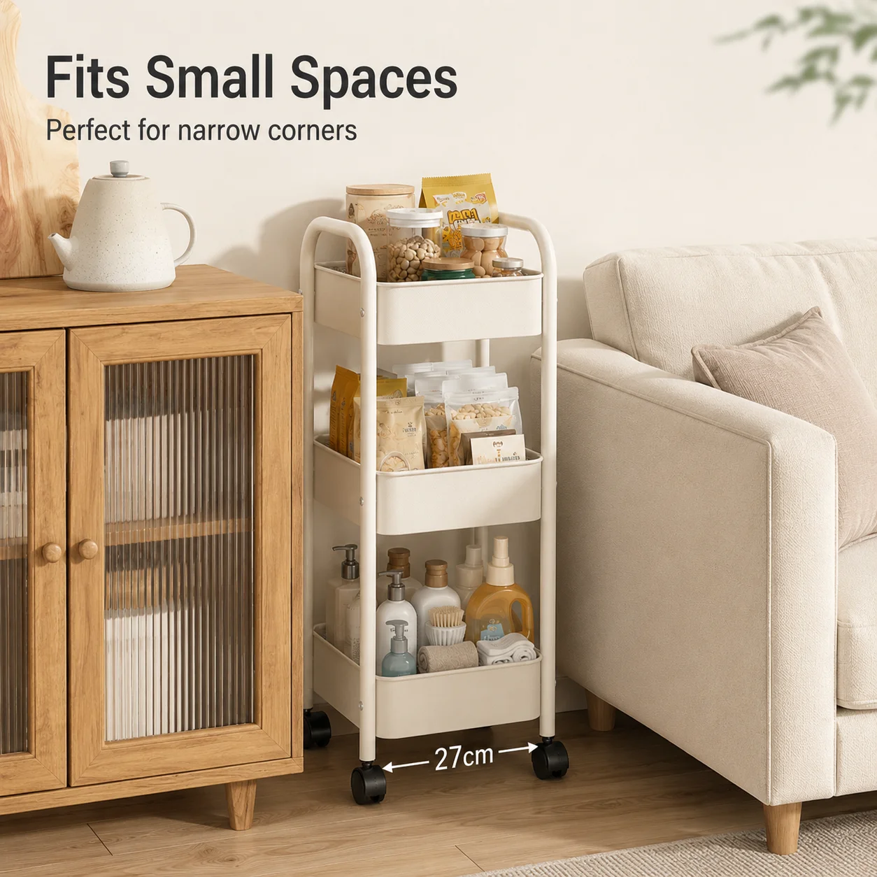Carrello portaoggetti sottile a 3 ripiani, carrello multiuso in metallo alto 66 cm per cucina, bagno e lavanderia - immagine 3