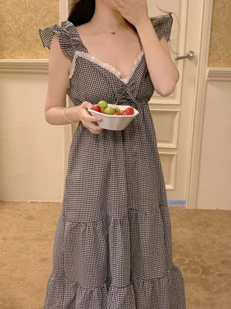 Lace New Home V-Neck Plaid Summer Sweet Sleepwear Loose Sleeveless Sling NightDress Women Montage Elegant Casual Holiday style