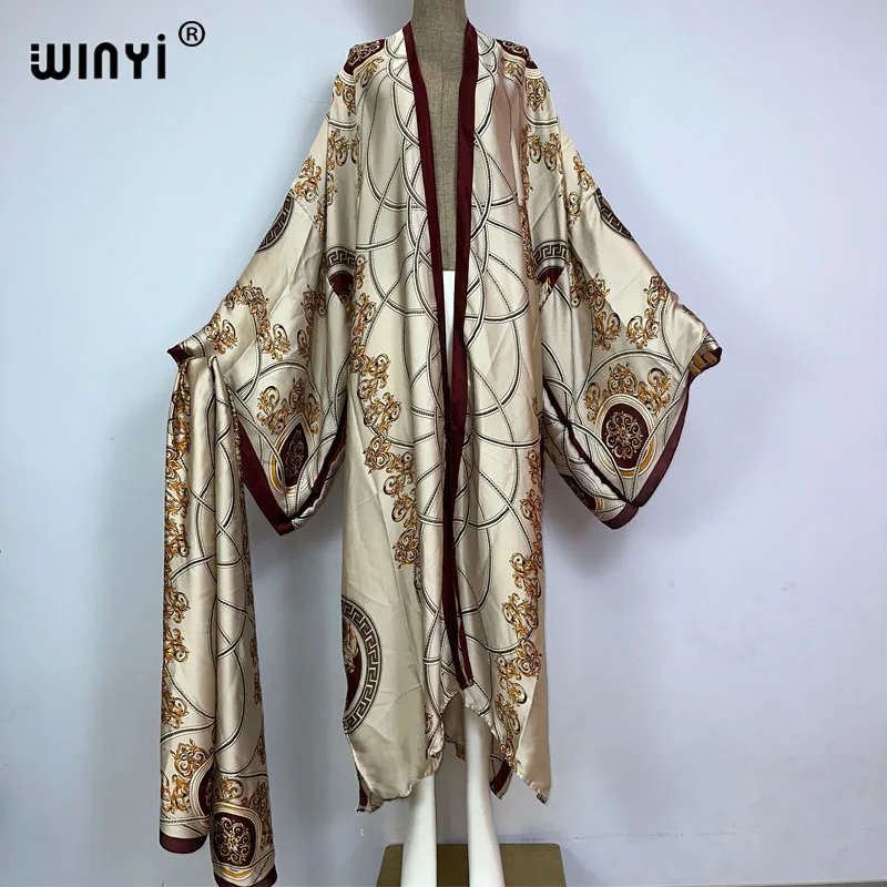 2023 KUWAIT WINYI new Muslim coat Boho Print Self Belted Front Open Long Kimono kaftan Beach Tunic Women Wrap Dresses 3