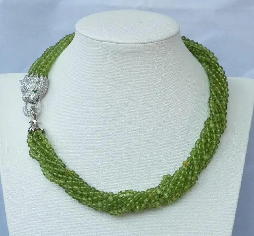 

Fine jewelry new 4MM 8strds natural peridot Round necklace-zircon pendant 17inch;