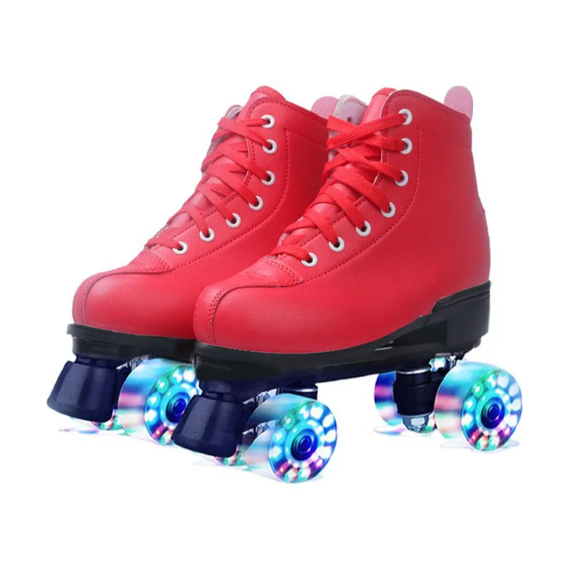 Patins de couro vermelho com roda PU para homens e mulheres, Patines ao ar livre, linha dupla, sapatos de rodas piscantes, tรชnis esportivo