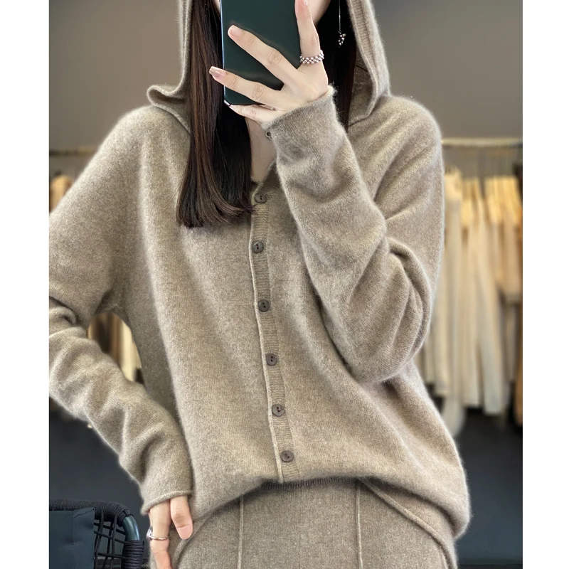 Women's Seamless Wool Hooded Cardigan Women's Autumn And Winter Loose Relaxed Long Sleeve Cashmere Knitted Large Top