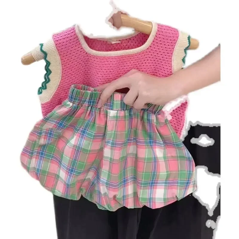 Baby Girls Summer Clothing Set Fashion Elegant Girl Knitted Vest Shirts + plaid Shorts Kids Children Birthday Casual Clothes