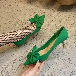 Green Bowknot Pumps Women Slip-On Soft Pu Leather High Heels Shoes Woman Sexy Pointed Toe Thin Heeled Party Ladies Shoes