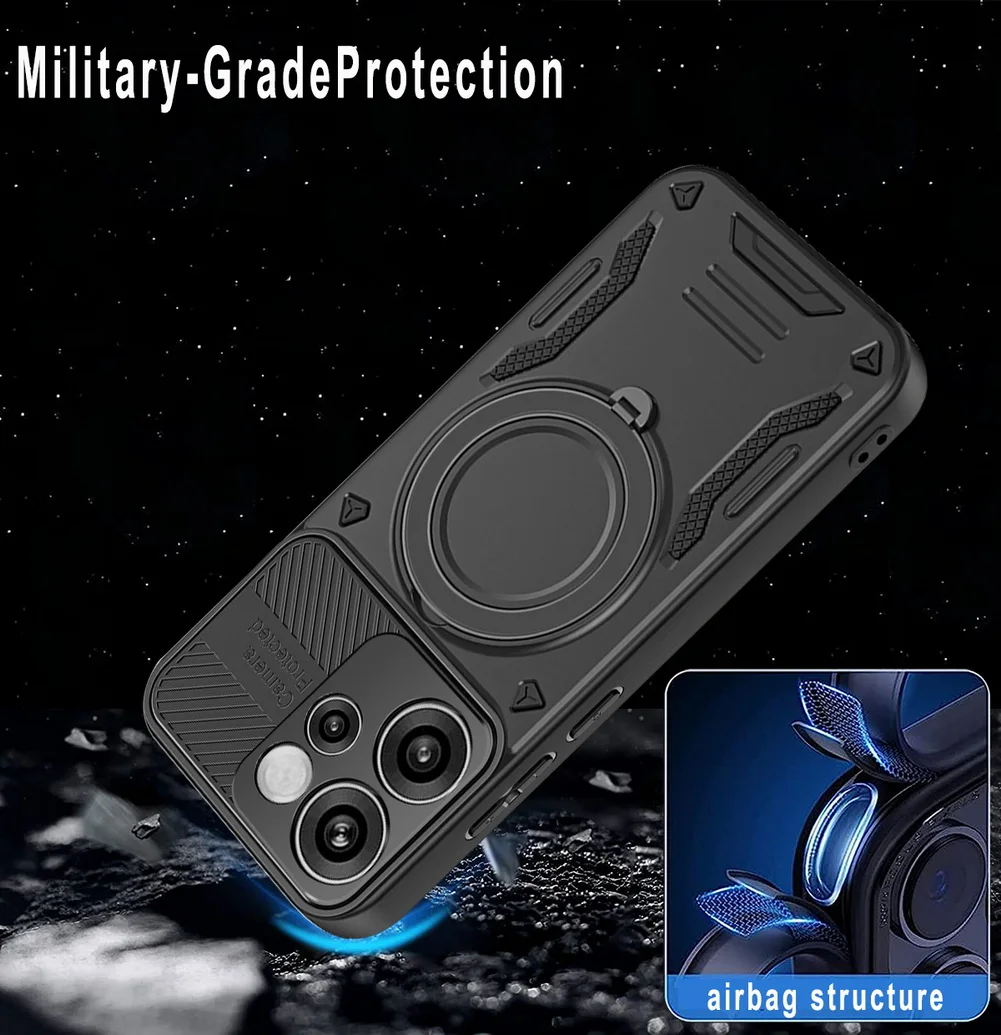 Magnetic Adsorption Phone Case with Metal Ring Holder and MagSafe Compatibility
